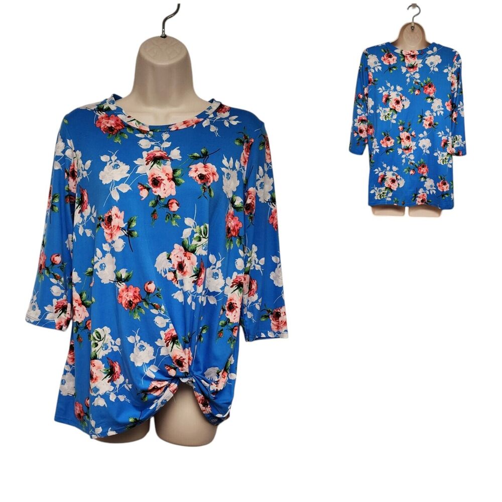 Chris+ Carol Floral Knotted Front Elbow Sleeves Size Small Color Multi Blue